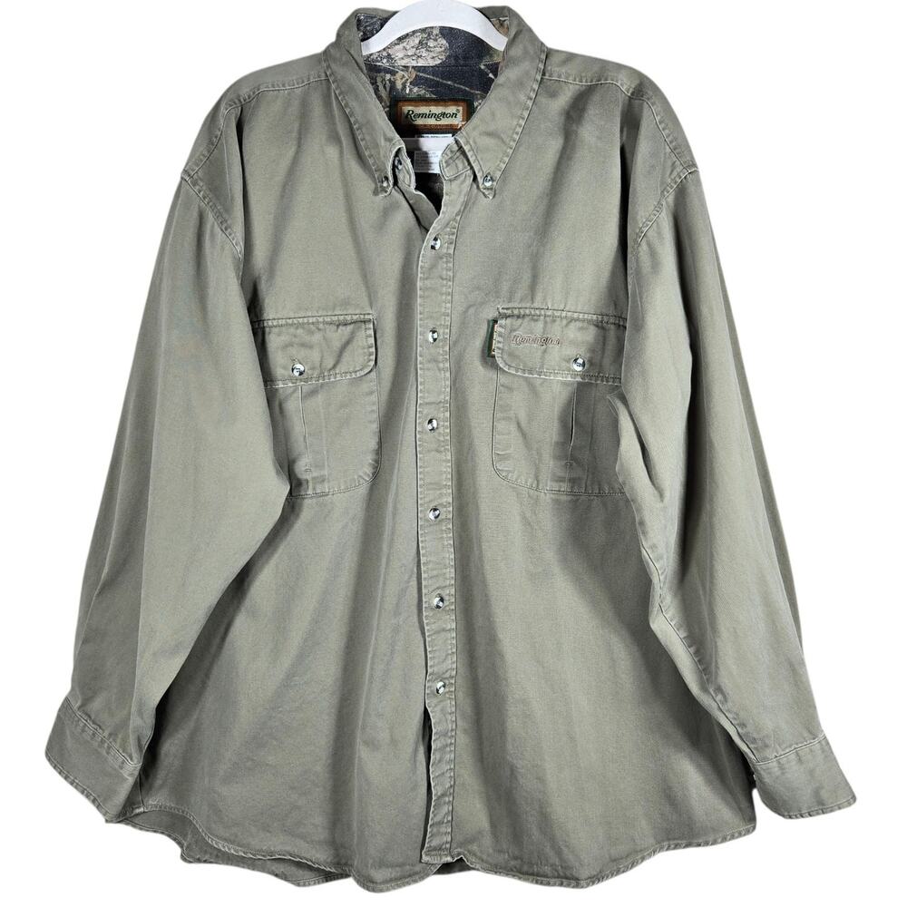 Remington‎ Button Down Shirt Mens 2XL Green Break Up Cotton Casual Heavy Outdoor